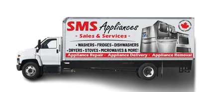 SMS Appliances delivery truck with logo, delivering appliances in Saskatoon