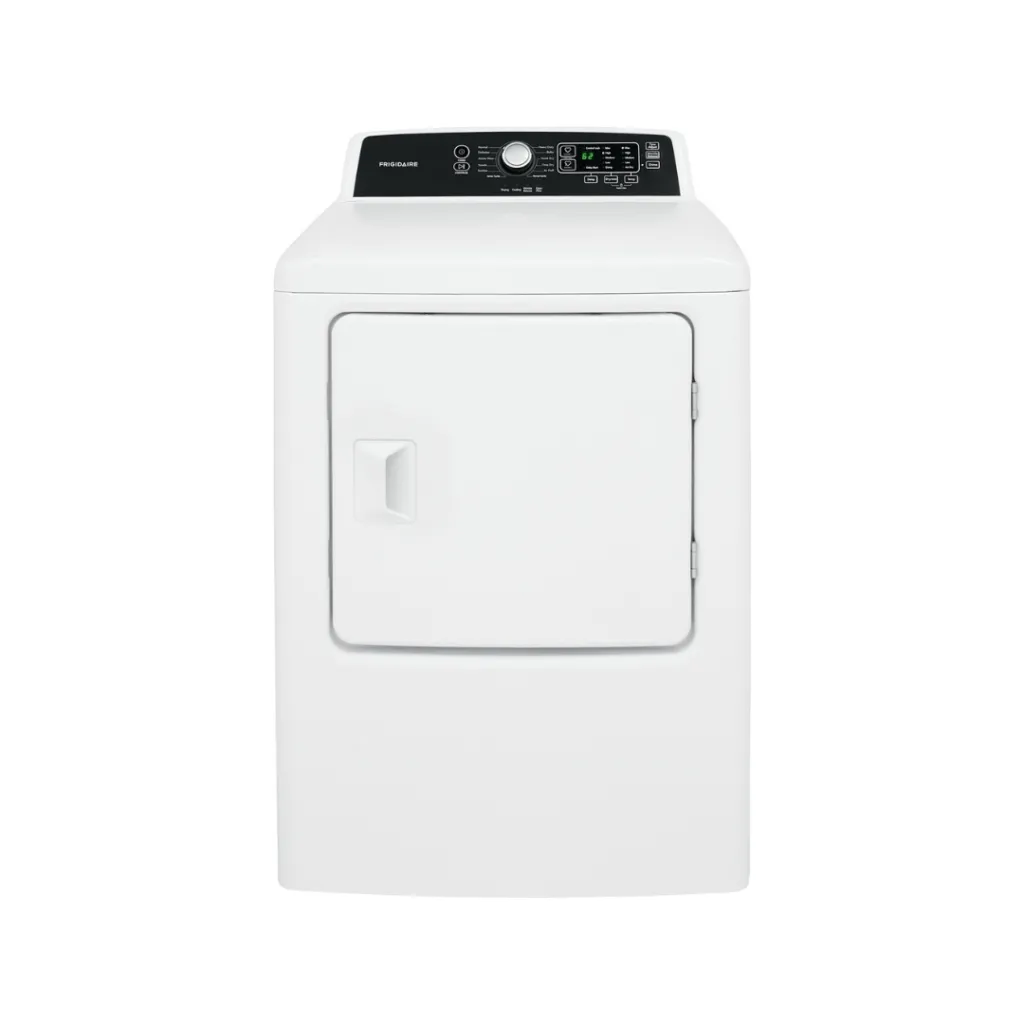 Clothes dryer unit showcased in an appliance store.